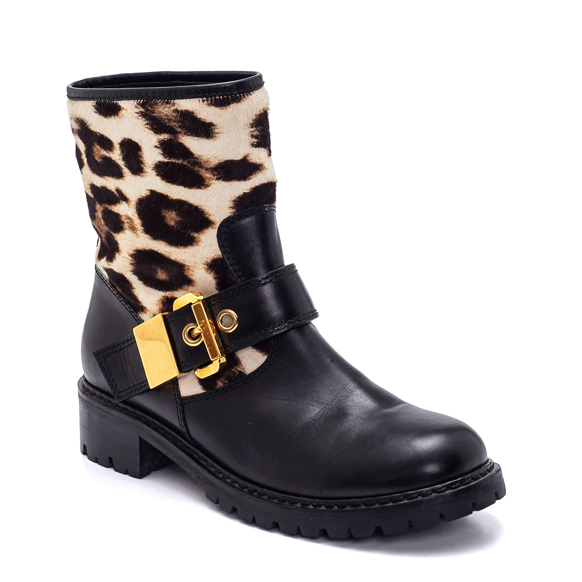 Giuseppe Zanotti - Black Leather Gold Tone Buckle Leopard Detail Boots